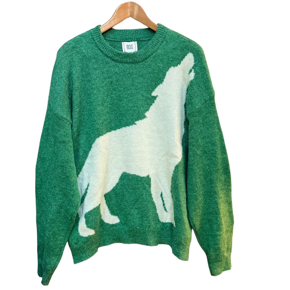 BDG Sweater Women L Green Wolf Intarsia Knit Crew Neck Oversized Pullover Indie - Picture 2 of 6